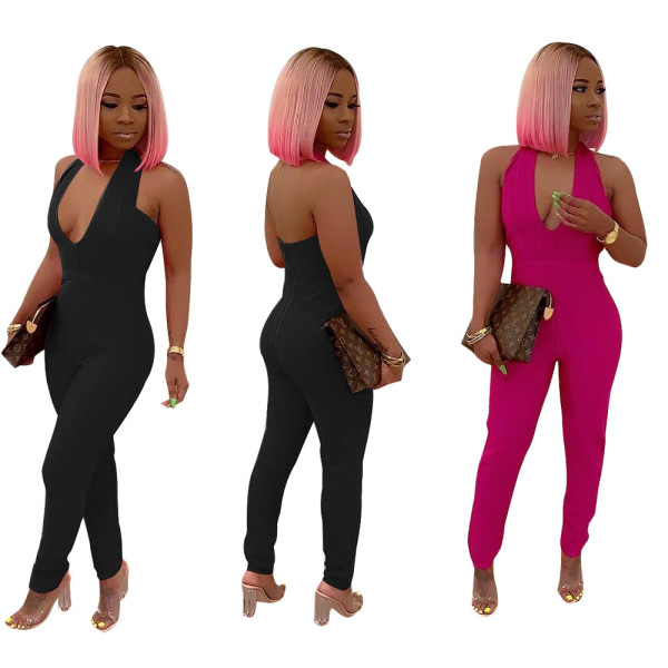 Factory Price Backless Slim Fitting V Neck Solid Tank Jumpsuit SN3666