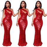Solid One Shoulder Party Long Dress Q190