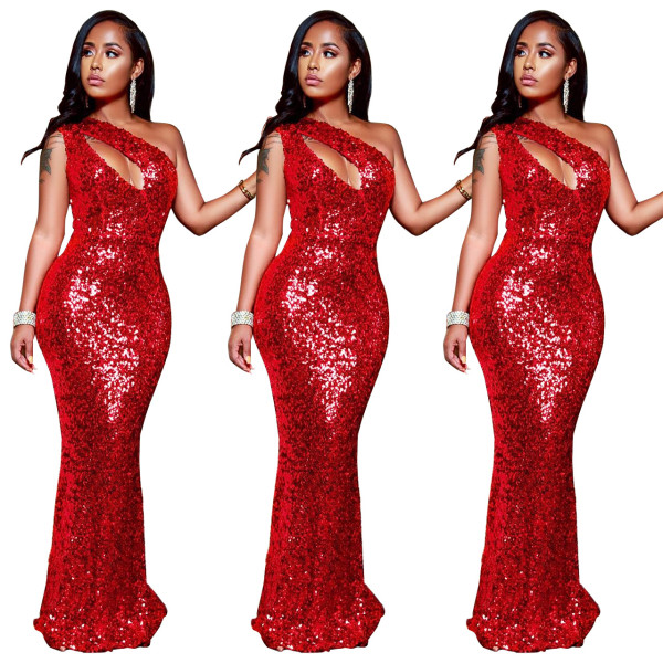 Solid One Shoulder Party Long Dress Q190