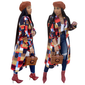 Classic Long Colorful Plaid Women Coat With Pockets SN3498