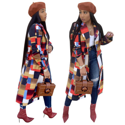 Classic Long Colorful Plaid Women Coat With Pockets SN3498