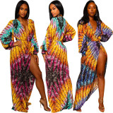 Colorful Printing High Split Deep V Collar Puff Sleeves Dresses SY8283