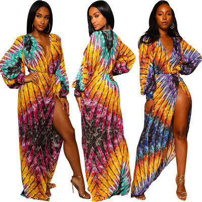 Colorful Printing High Split Deep V Collar Puff Sleeves Dresses SY8283