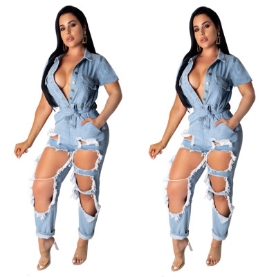 Sexy Fashion Loose Short Sleeve Scrub Washed Hole Denim Jumpsuit QZ6103