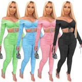 Fashionable pleated chest wrap sexy casual suit HM6308