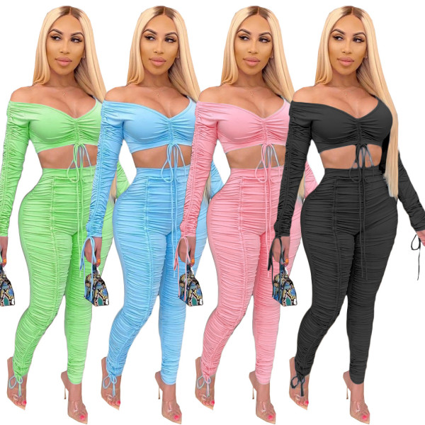 Fashionable pleated chest wrap sexy casual suit HM6308