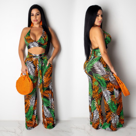 Palm leaf print sexy two-piece suit FZB3083