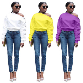 Solid One Shoulder Long Sleeves Tops SMD5803