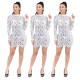 New Style Flower Sequin Long Sleeved Transparent Mesh Pencil Dress Q392