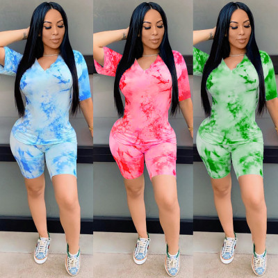 Casual Coloring V-Neck Short Sleeves Two Piece Set Without Mask LD201021