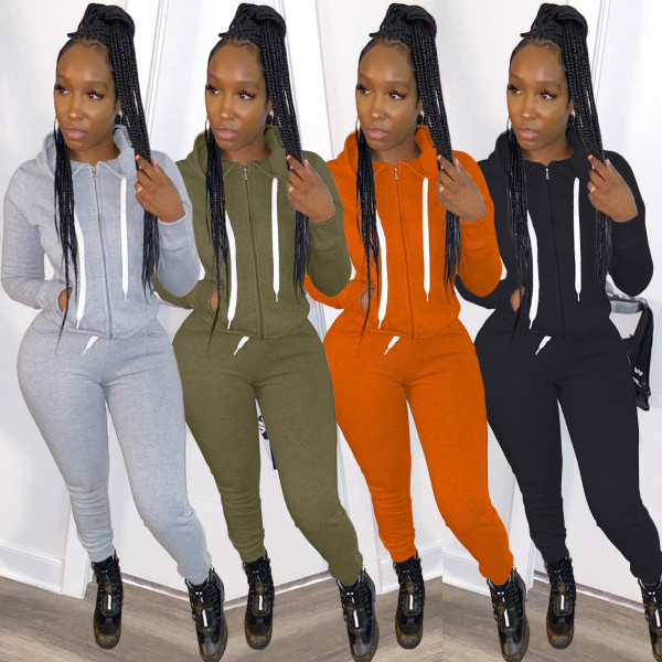 Autumn Zipper Long Sleeves Hooded Sweater With Drawstring Trousers Two Piece Set TK6119