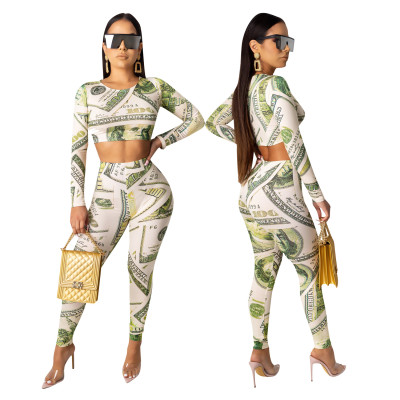 Trendy Printing Women Slim Suits Crop Top Tight Pants CY1196