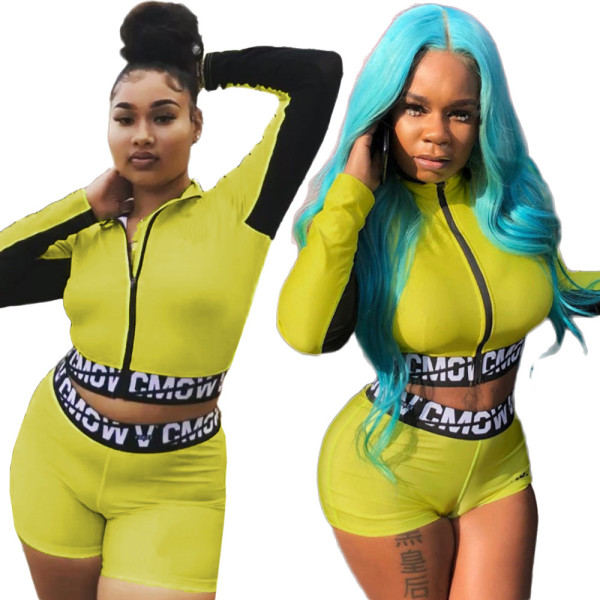Hot Patchwork Sets Long Sleeves Zipper Top Sport Shorts BN9189