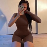 Sexy Solid Color One Shoulder Round Neck Long Sleeves Bodycon Jumpsuit P093158A