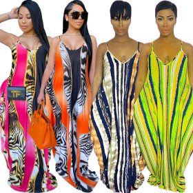 Casual Coloring Printed Suspender V-Neck Loose Long Dress YF8574