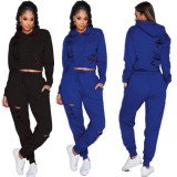 Hollow Out Solid Color Sport Suits Hooded Top Skinny Pants HG5121