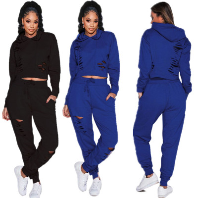 Hollow Out Solid Color Sport Suits Hooded Top Skinny Pants HG5121