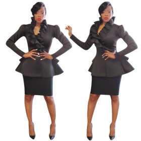 Cheap Mature Women Bodycon Outerwear Black Ruffled Coat YYZ736