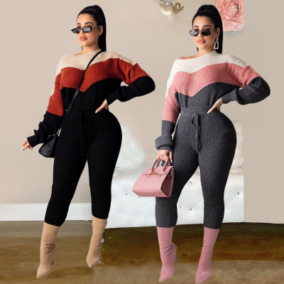 Colors Patchwork Top Solid Pencil Pants Sweater Ladies Sets MA6295