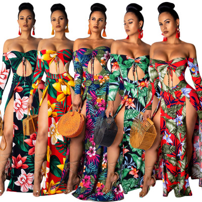 Off Shoulder Hollow Out Flower Print Long Maxi Dress SN3518