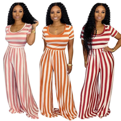 Stripe Casual Short Sleeve Wide Leg Pants Jumpsuit LM9092