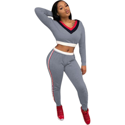 Gray V Neck Crop Tops Sports Pants Sets LM9022