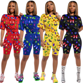 Street Style Women Butterfly Print Short Sleeved Track Suits QQM3977