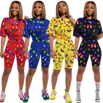 Street Style Women Butterfly Print Short Sleeved Track Suits QQM3977