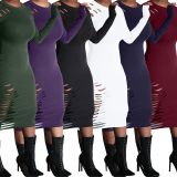 Fashion Solid Color Round Neck Long Sleeves Hole Midi Dress YX9043-2