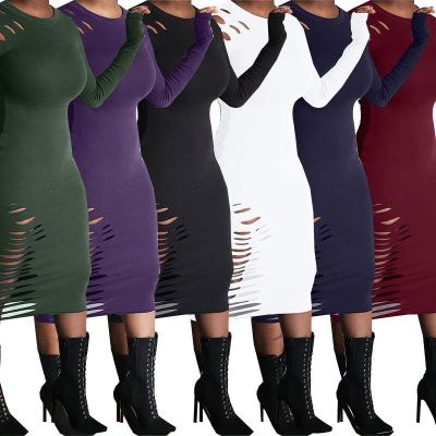 Fashion Solid Color Round Neck Long Sleeves Hole Midi Dress YX9043-2