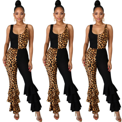 Leopard Printed Splicing Multi-Layered Sleeveless Leisure Jumpsuit MD291