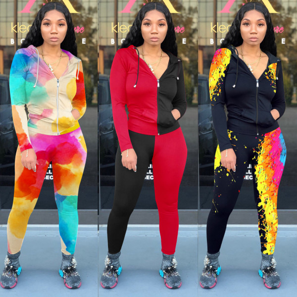 Two-piece nightclub wear with zipper drawstring long-sleeved trousers sweater K2023