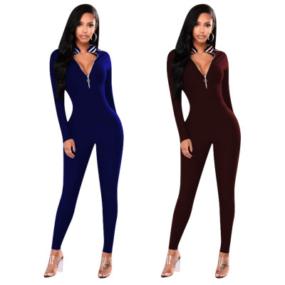 Open chest zipper curve sexy long sleeve webbing jumpsuit MZF8060