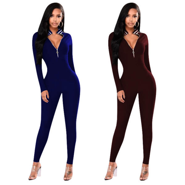 Open chest zipper curve sexy long sleeve webbing jumpsuit MZF8060