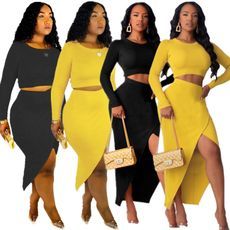 Slim Fitting Ladies Plain Color Sets Crop Top Irregular Skirt MDF5087