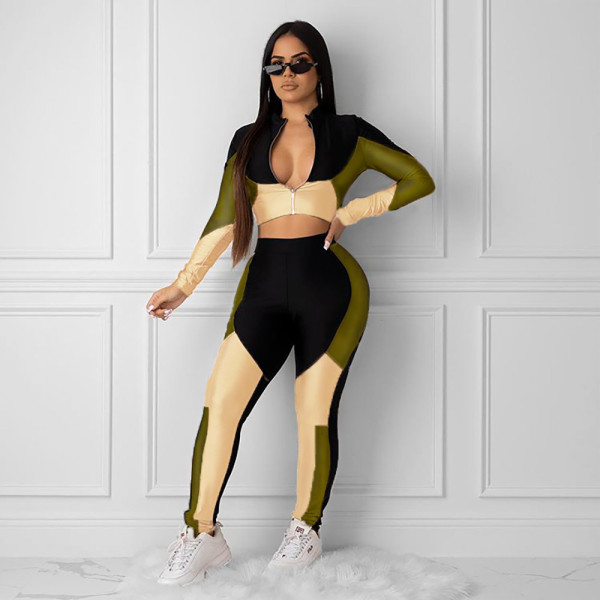 Color Block Women Tracksuits Zipper Crop Top Tight Pants MA6267