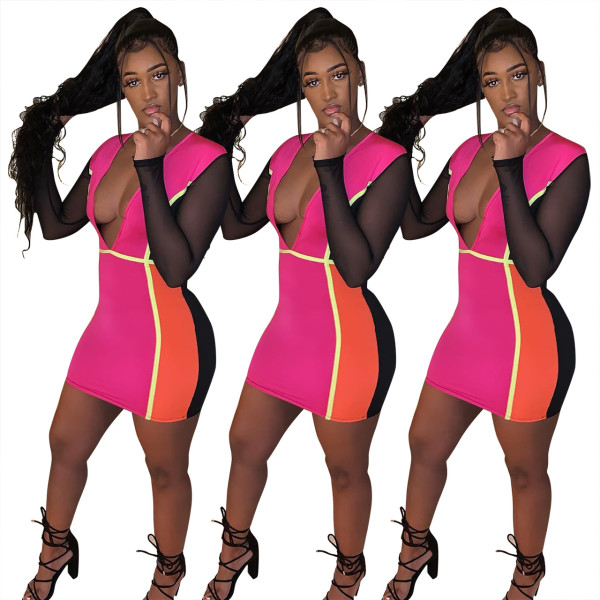 Club Color Block Deep V Collar Long Sleeves Dress Q236