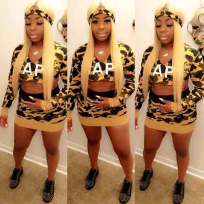 Hot Sale Camouflage Skirt Suits Crop Top Wrap Dress YT3067