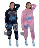 Casual Printed Hooded Long Sleeves Loose Top With Trousers Two Piece Set AMM8273