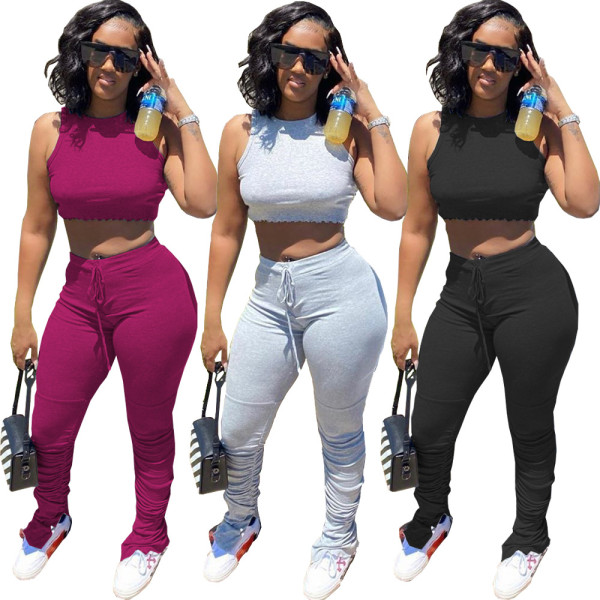 Sexy women's solid color belt flared pants two-piece suit CQ005