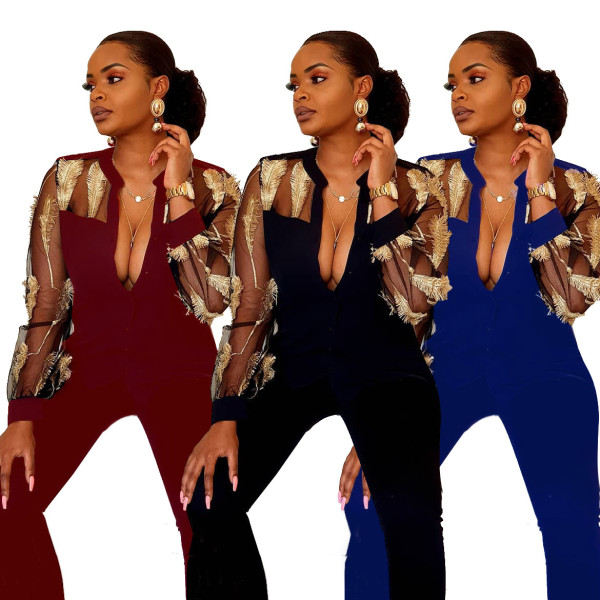 Elegant Mesh See Through Feather Embroidery Women Jumpsuit LA3161