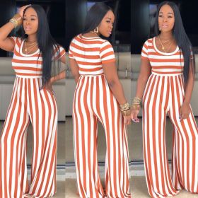 Round neck striped short-sleeved wide-leg jumpsuit E8395