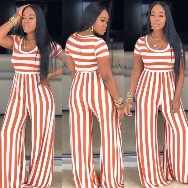 Round neck striped short-sleeved wide-leg jumpsuit E8395