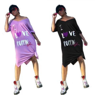 Women Blouse Irregular Letters Printing T-Shirt Midi Dress LM9007