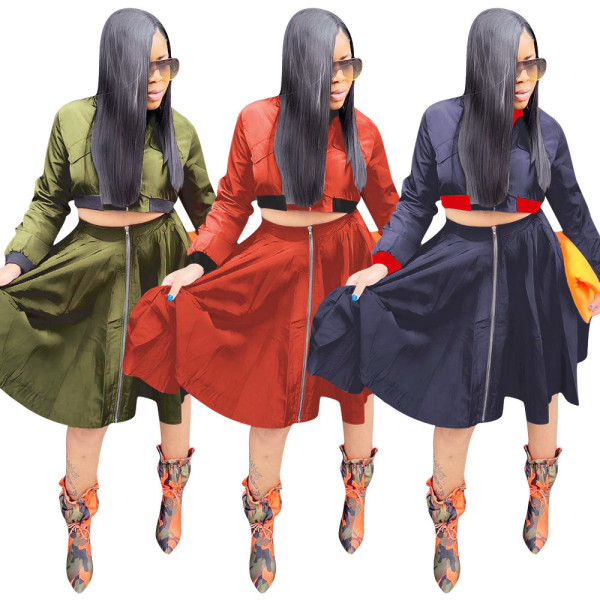 Women 3 Colors Zipper Crop Tops Midi Pleated Skirts Sets OEP6075