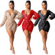 Sexy V Neck Women Solid Sequin Club Wrap Dress QQM3918
