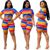 Sports Colorful Striped Printed Short Sleeves With Shorts Two Piece Set TK6095