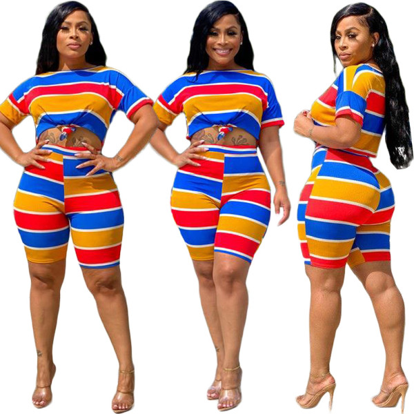 Sports Colorful Striped Printed Short Sleeves With Shorts Two Piece Set TK6095