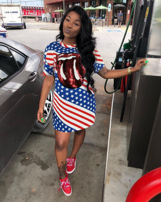 American flag print tongue sequined dress MN8026