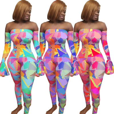 Colorful Print Off Shoulder Flare Sleeves Bodycon Jumpsuits HY5094